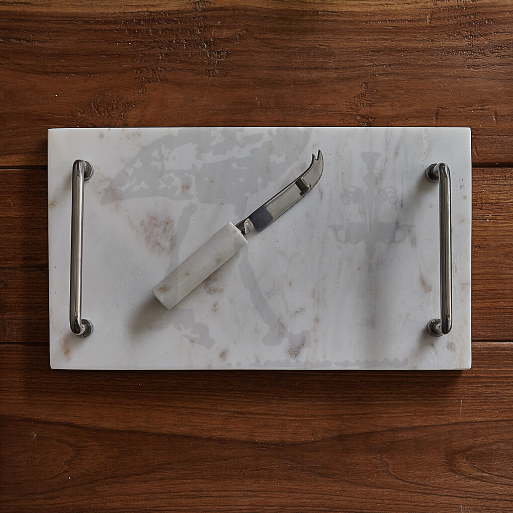 Сервировочный поднос из мрамора и металла в комплекте с ножом для сыра