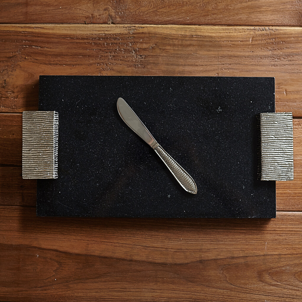 Дизайнерский сервировочный поднос из мрамора и металла в комплекте с ножом для сыра