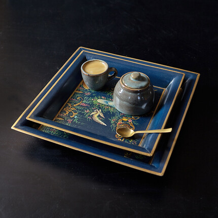 Комплект подносов Шинуазри dark blue, 2 шт Комплект расписных подносов с райскими птицами