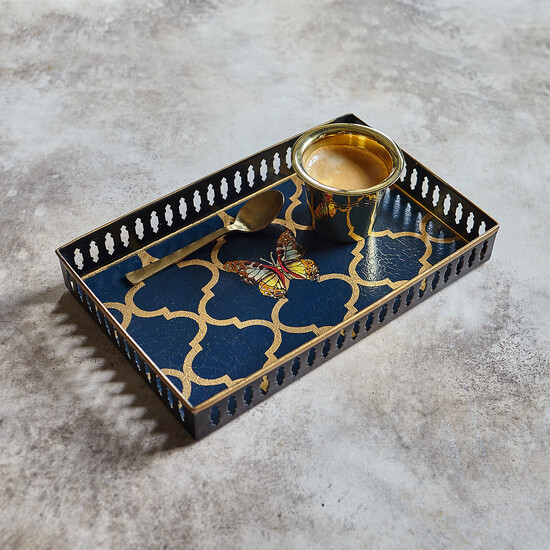 Поднос Шинуазри, dark blue Синий сервировочный поднос с бабочкой